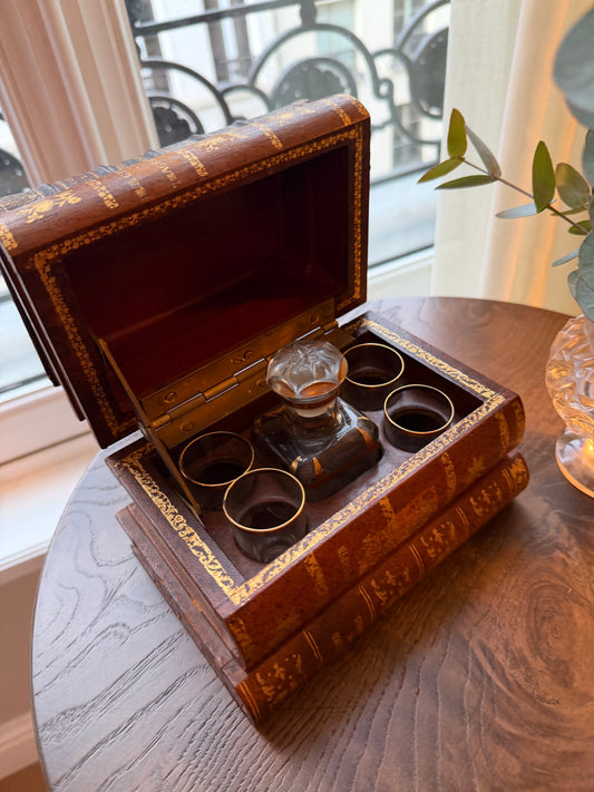 French Antique Leather Bound Faux Book Tantalus with Decanter & 4 Glasses