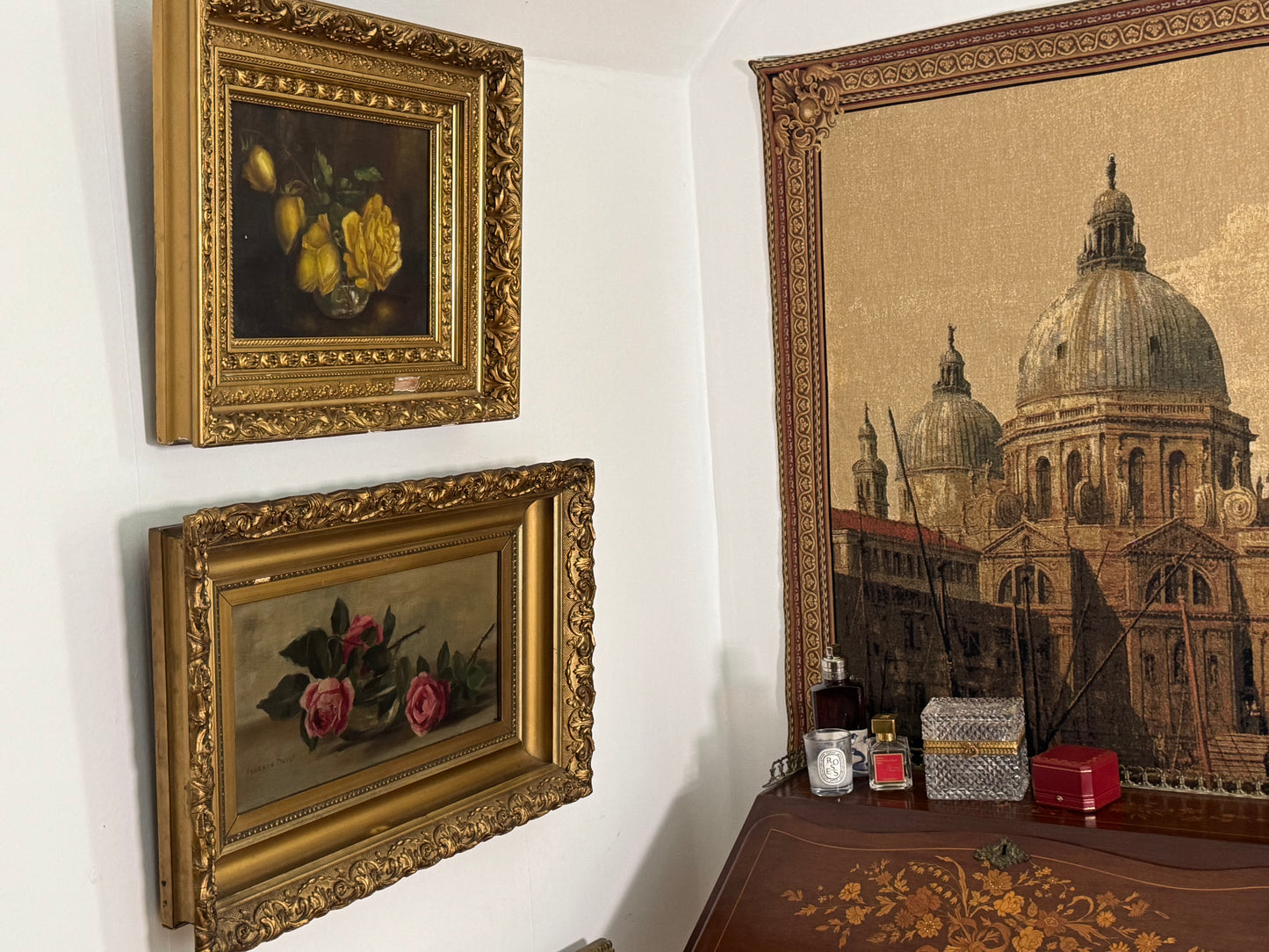 Antique Oil Painting of Pink Roses