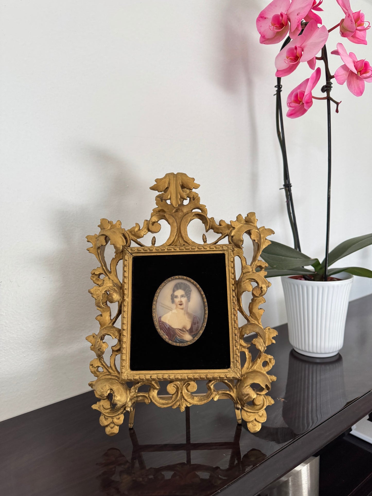 Antique Small Victorian painting on ivory in ornate gold frame