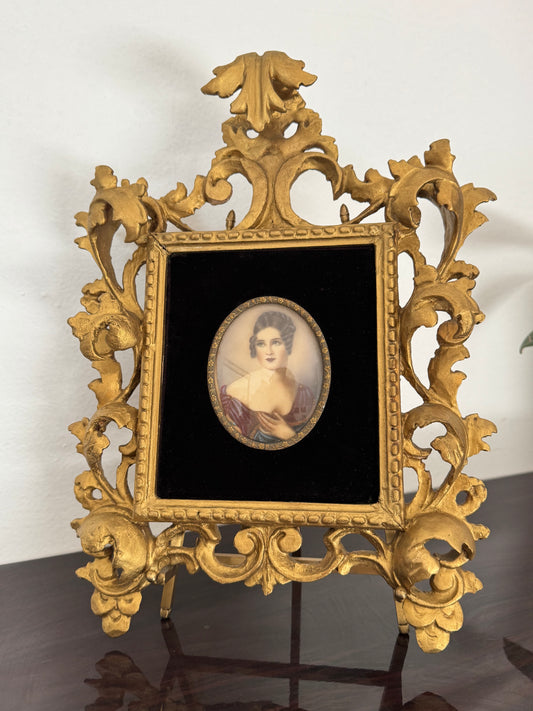 Antique Small Victorian painting on ivory in ornate gold frame