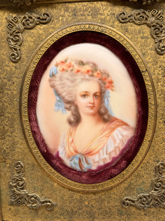 Antique French Brass Frame Portrait Of A Lady Hand Painted On Porcelain. Signed
