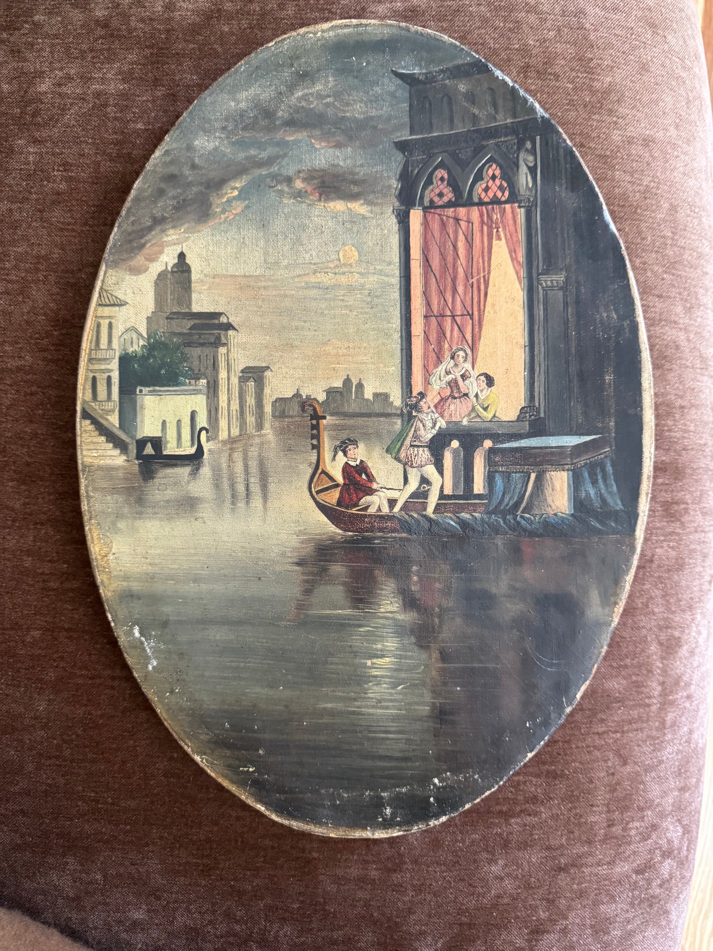 Antique Rare Oval Oil Painting. Depicting Romeo & Juliet