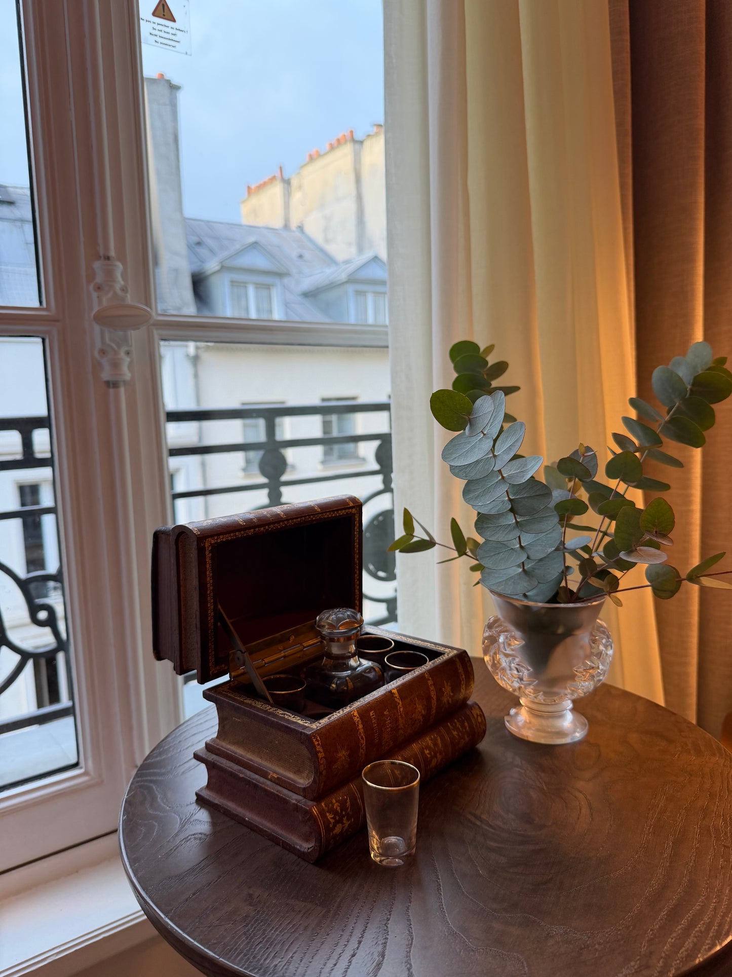 French Antique Leather Bound Faux Book Tantalus with Decanter & 4 Glasses
