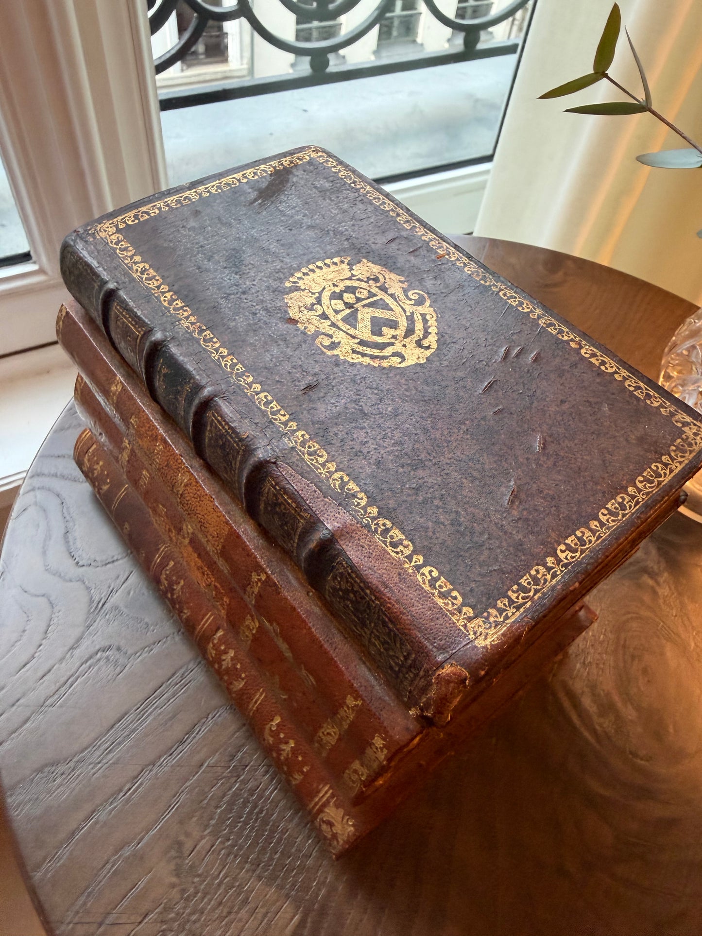 French Antique Leather Bound Faux Book Tantalus with Decanter & 4 Glasses