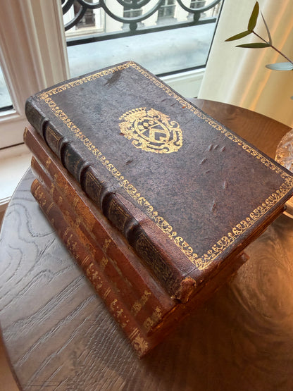 French Antique Leather Bound Faux Book Tantalus with Decanter & 4 Glasses