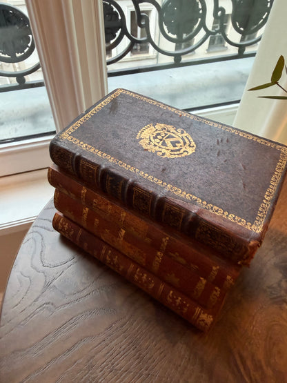 French Antique Leather Bound Faux Book Tantalus with Decanter & 4 Glasses