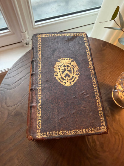 French Antique Leather Bound Faux Book Tantalus with Decanter & 4 Glasses