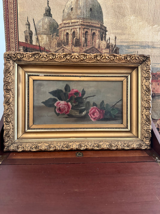 Antique Oil Painting of Pink Roses