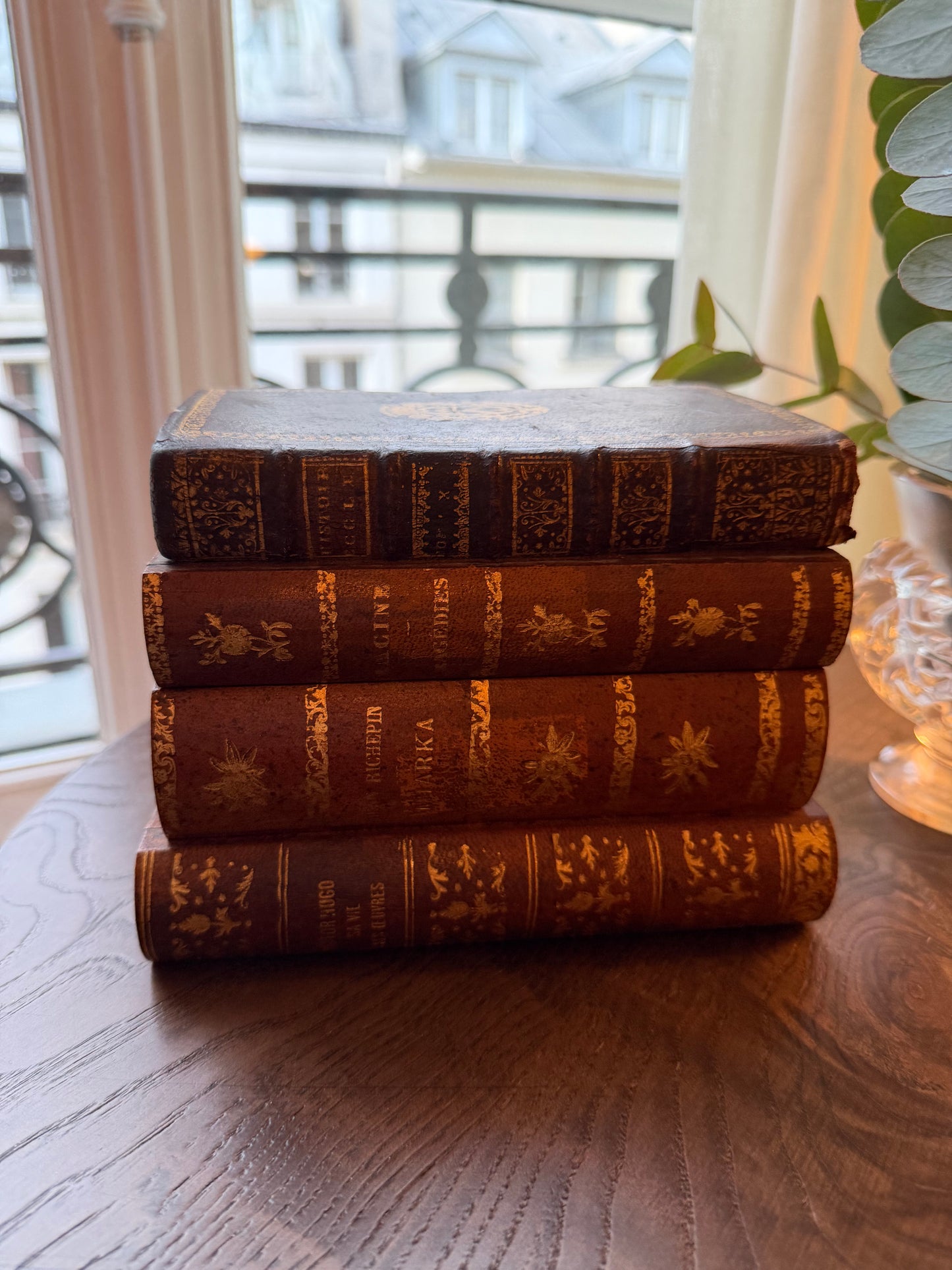 French Antique Leather Bound Faux Book Tantalus with Decanter & 4 Glasses