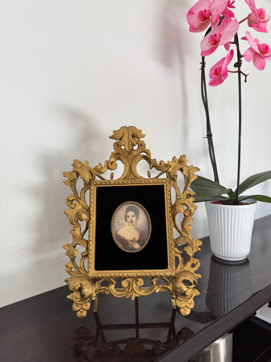 Antique Small Victorian painting on ivory in ornate gold frame