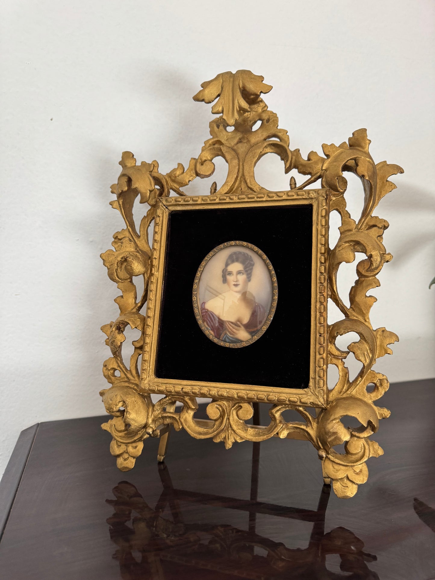 Antique Small Victorian painting on ivory in ornate gold frame