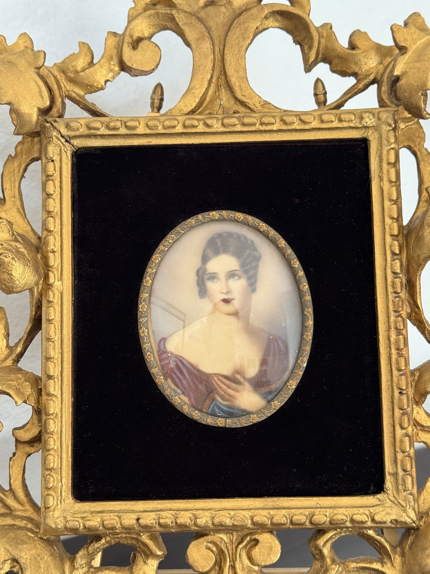 Antique Small Victorian painting on ivory in ornate gold frame