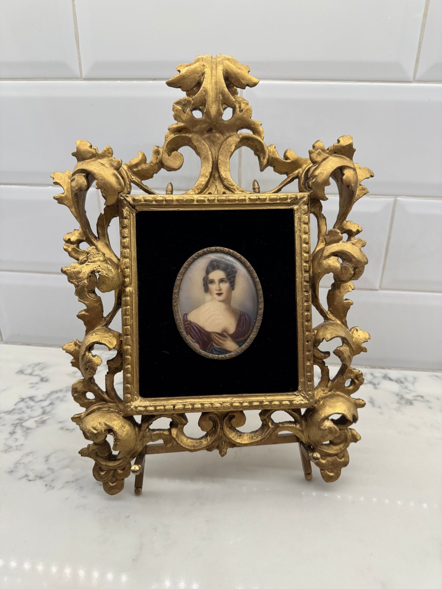 Antique Small Victorian painting on ivory in ornate gold frame