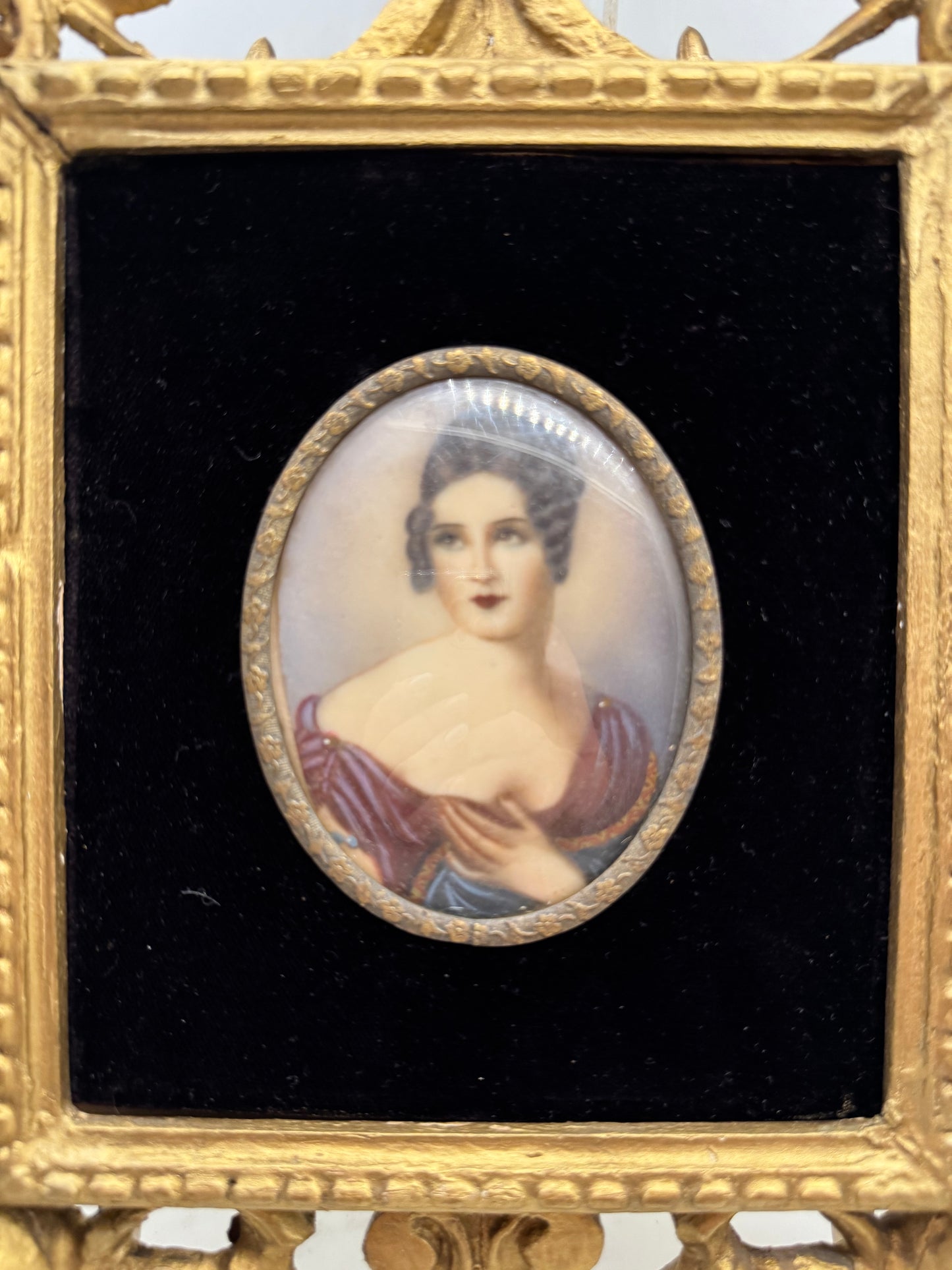 Antique Small Victorian painting on ivory in ornate gold frame