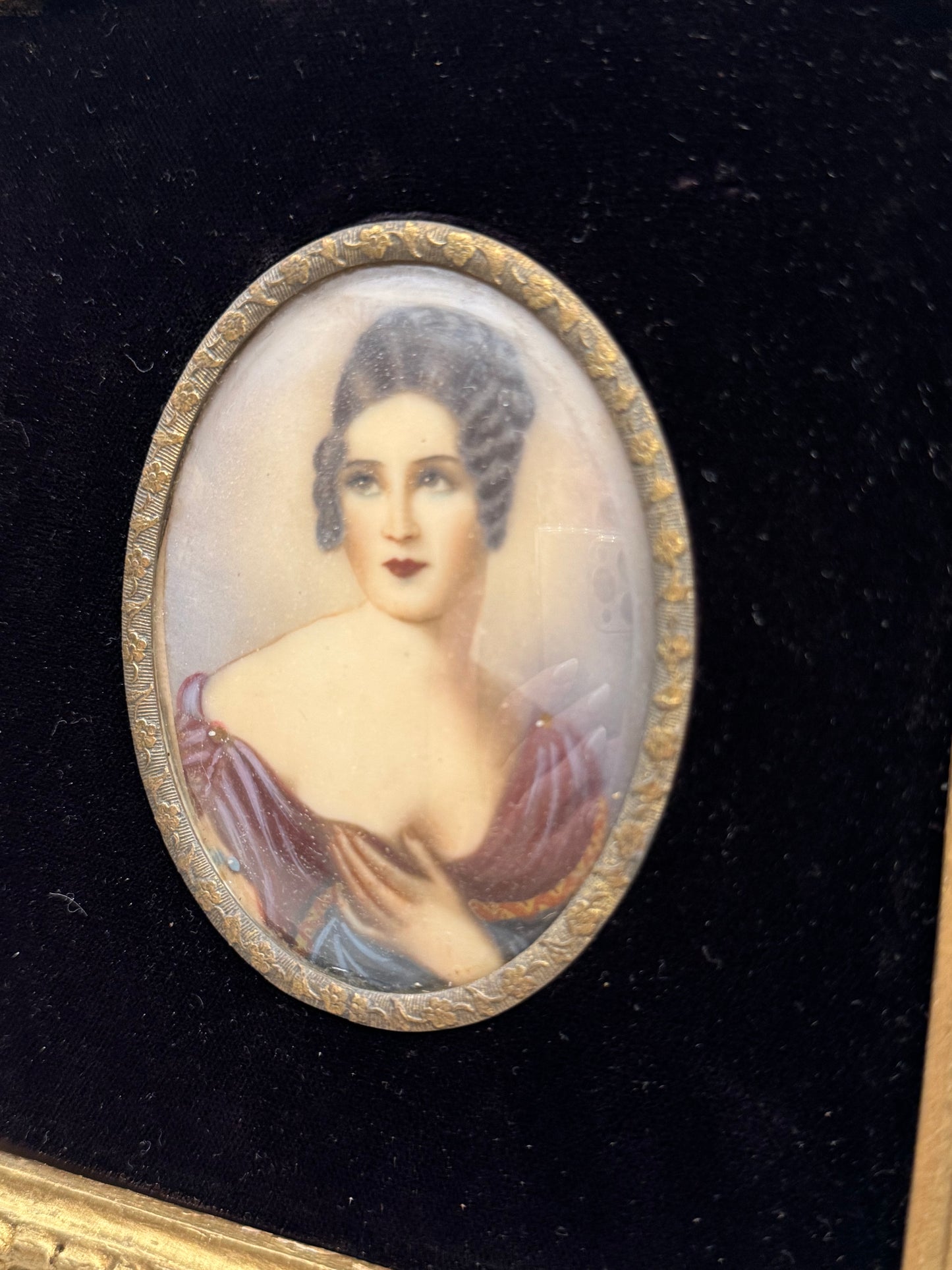 Antique Small Victorian painting on ivory in ornate gold frame