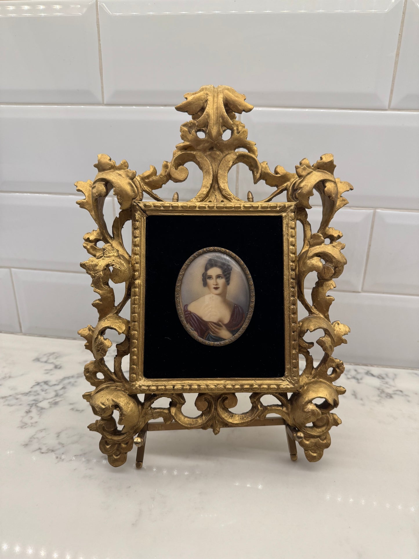 Antique Small Victorian painting on ivory in ornate gold frame
