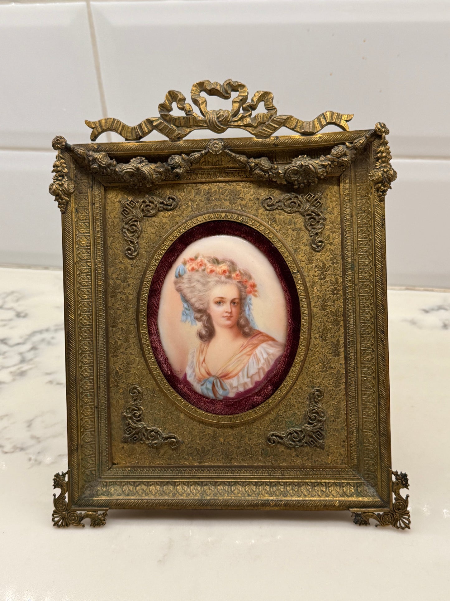 Antique French Brass Frame Portrait Of A Lady Hand Painted On Porcelain. Signed