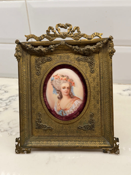 Antique French Brass Frame Portrait Of A Lady Hand Painted On Porcelain. Signed