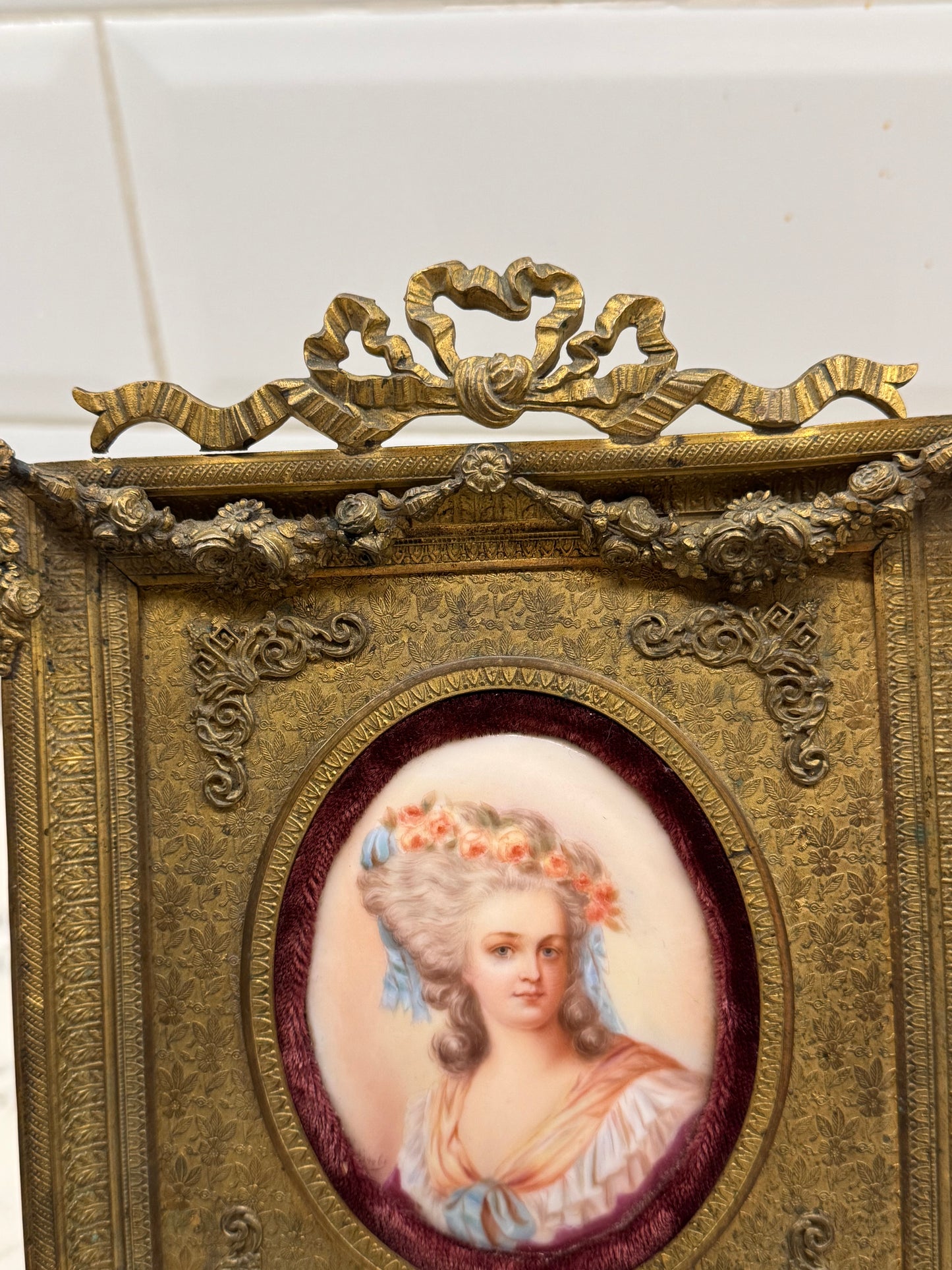 Antique French Brass Frame Portrait Of A Lady Hand Painted On Porcelain. Signed