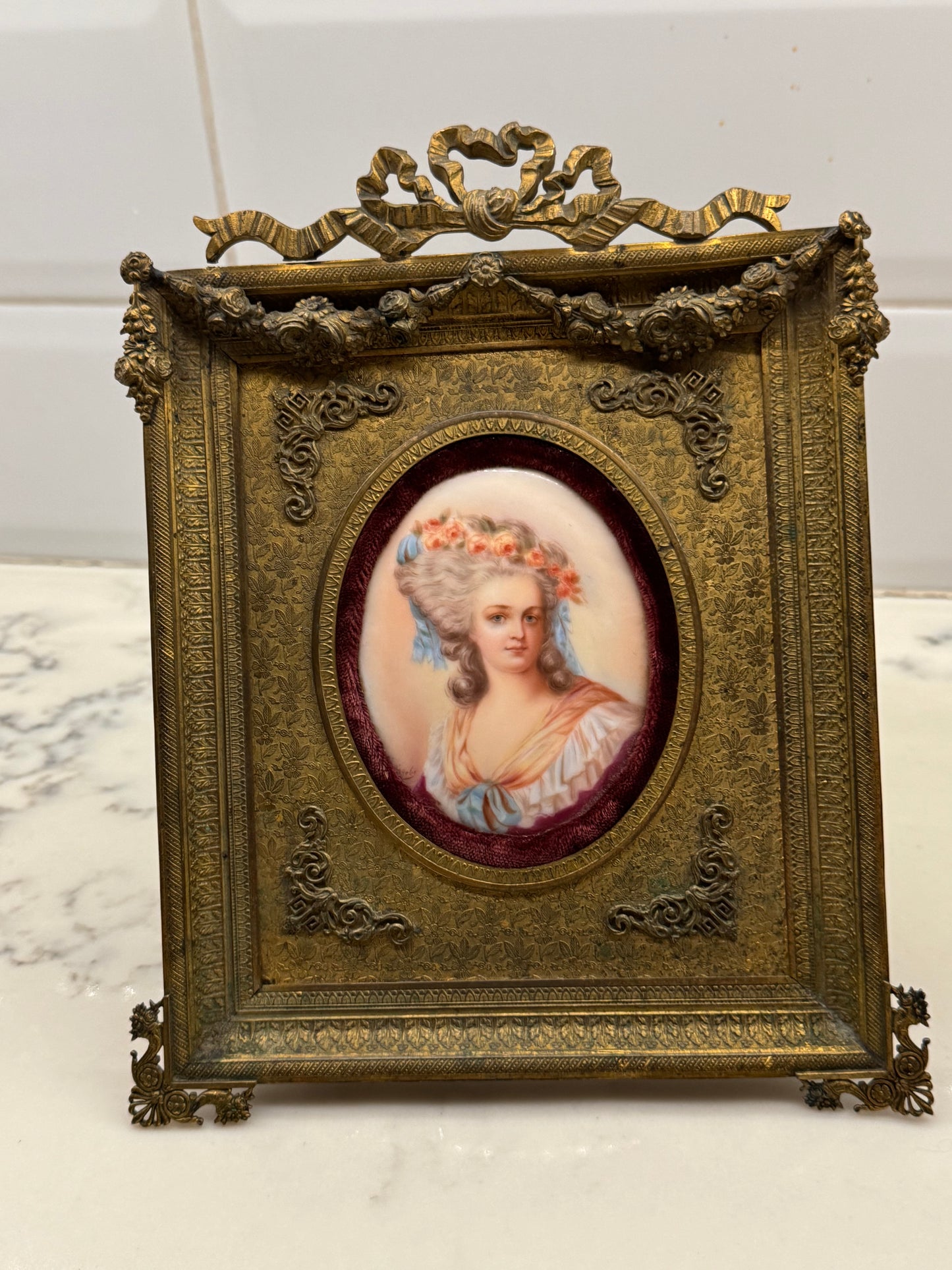 Antique French Brass Frame Portrait Of A Lady Hand Painted On Porcelain. Signed