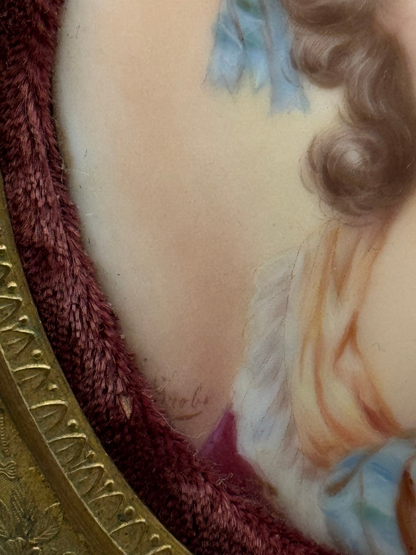 Antique French Brass Frame Portrait Of A Lady Hand Painted On Porcelain. Signed