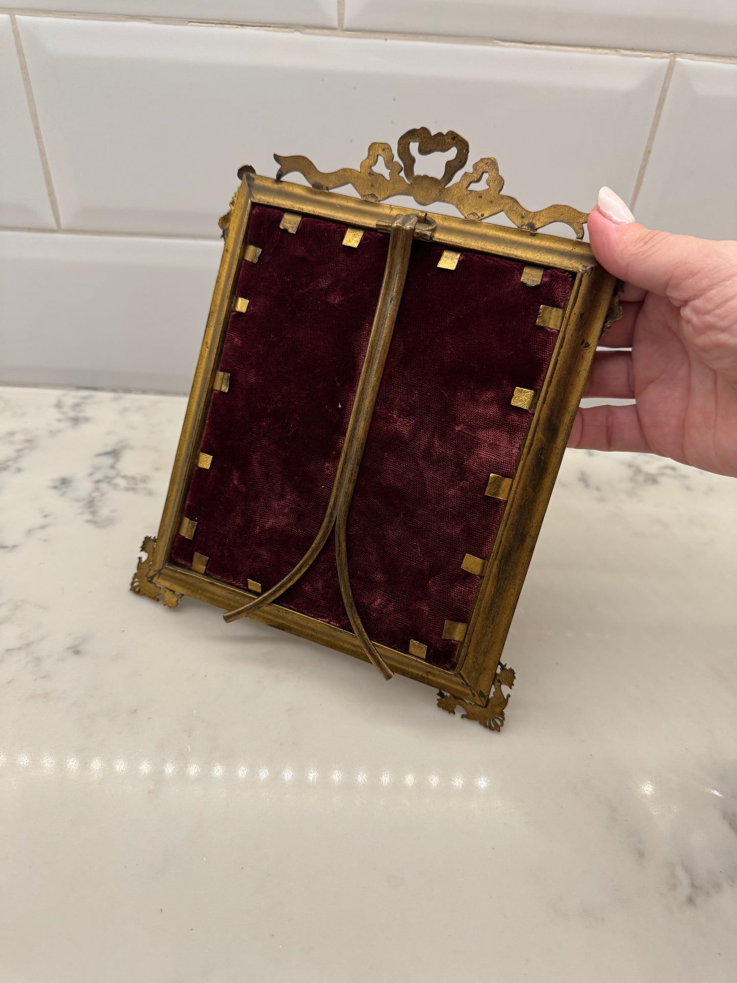 Antique French Brass Frame Portrait Of A Lady Hand Painted On Porcelain. Signed